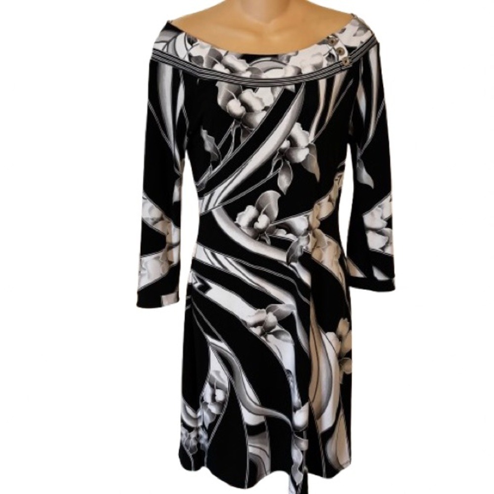 White House Black Market Womens Floral Dress‎ Small Elegant Black White